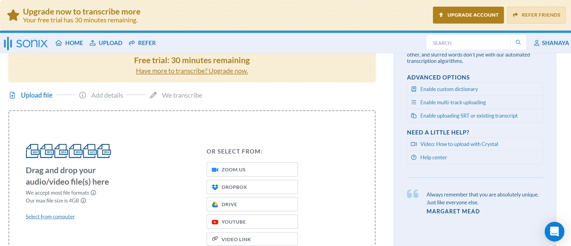 Sonix AI interface screenshot