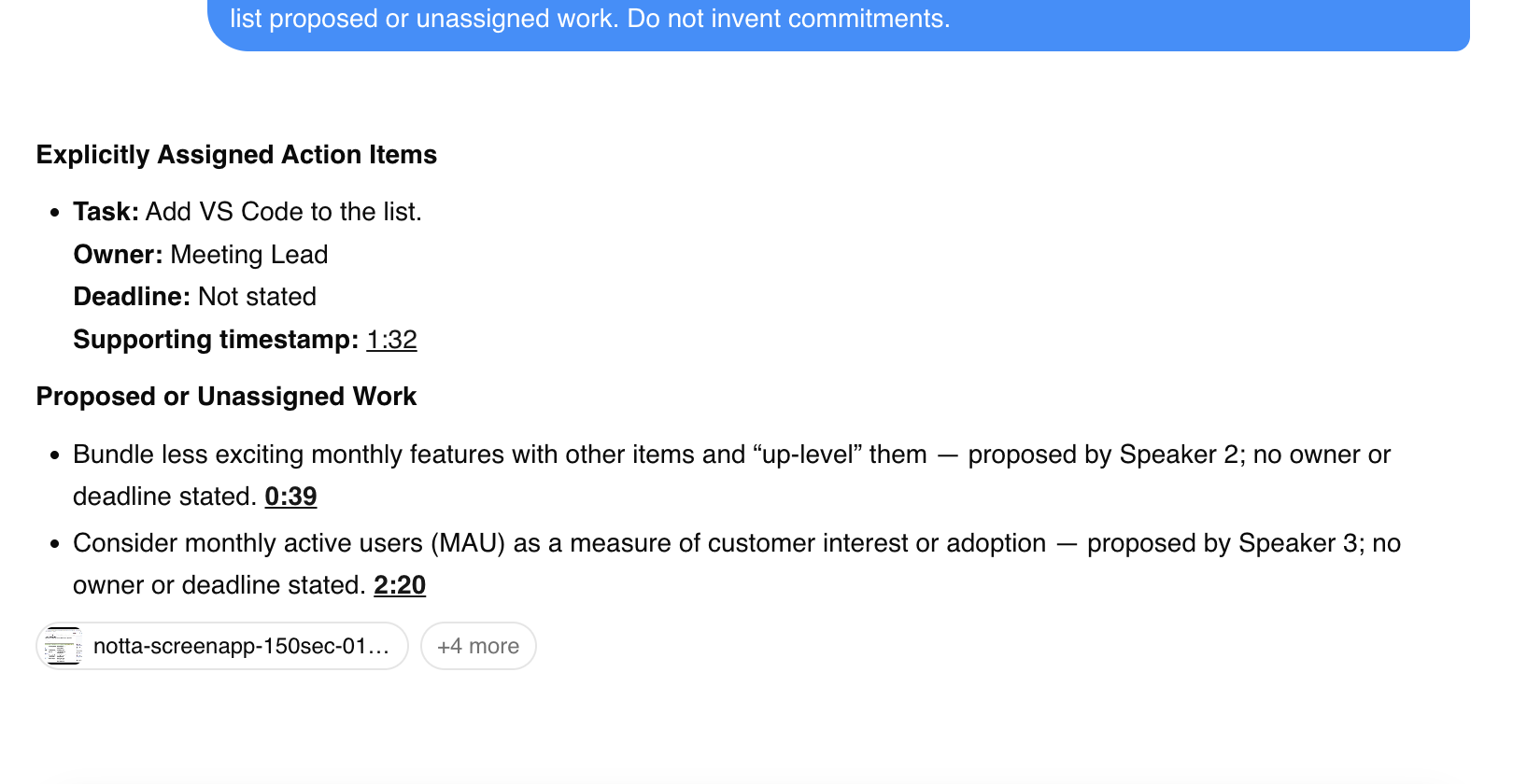 ScreenApp response to the identical action-item prompt