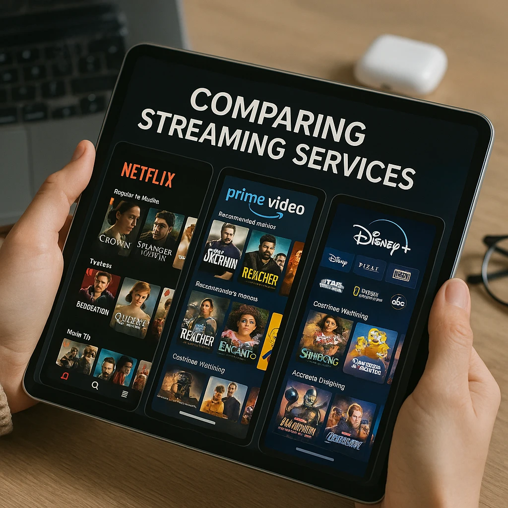 Salon moderne avec plusieurs écrans montrant différents services de streaming et bibliothèques de contenu