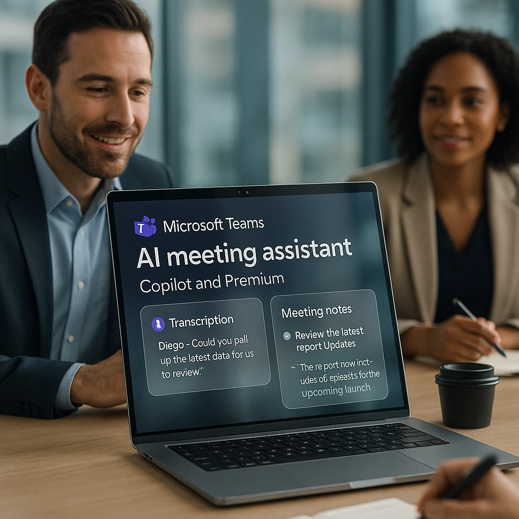 Microsoft Teams AI meeting assistants with Copilot and Premium features, modern glassmorphic interface showing AI transcription and meeting notes, professional business setting