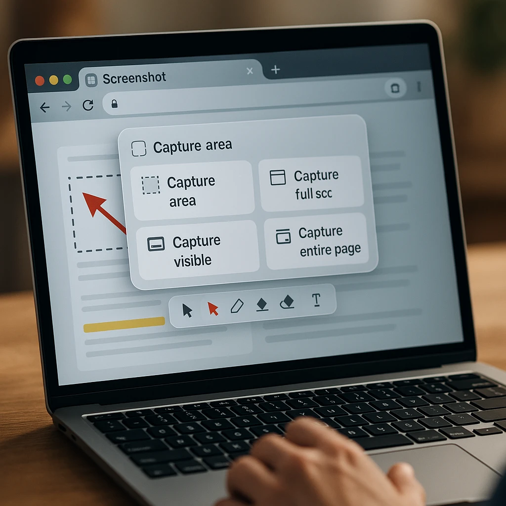 Chrome browser with screenshot extension interface showing capture tools and annotation options