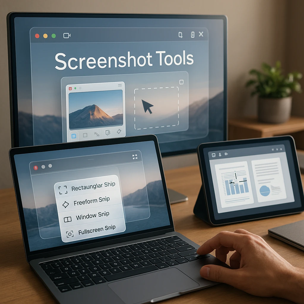 Modern workspace with multiple screens showing different screenshot tools and captured images