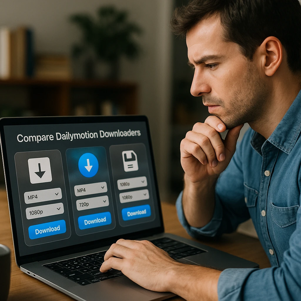 User comparing different Dailymotion downloader tools with quality settings and download options