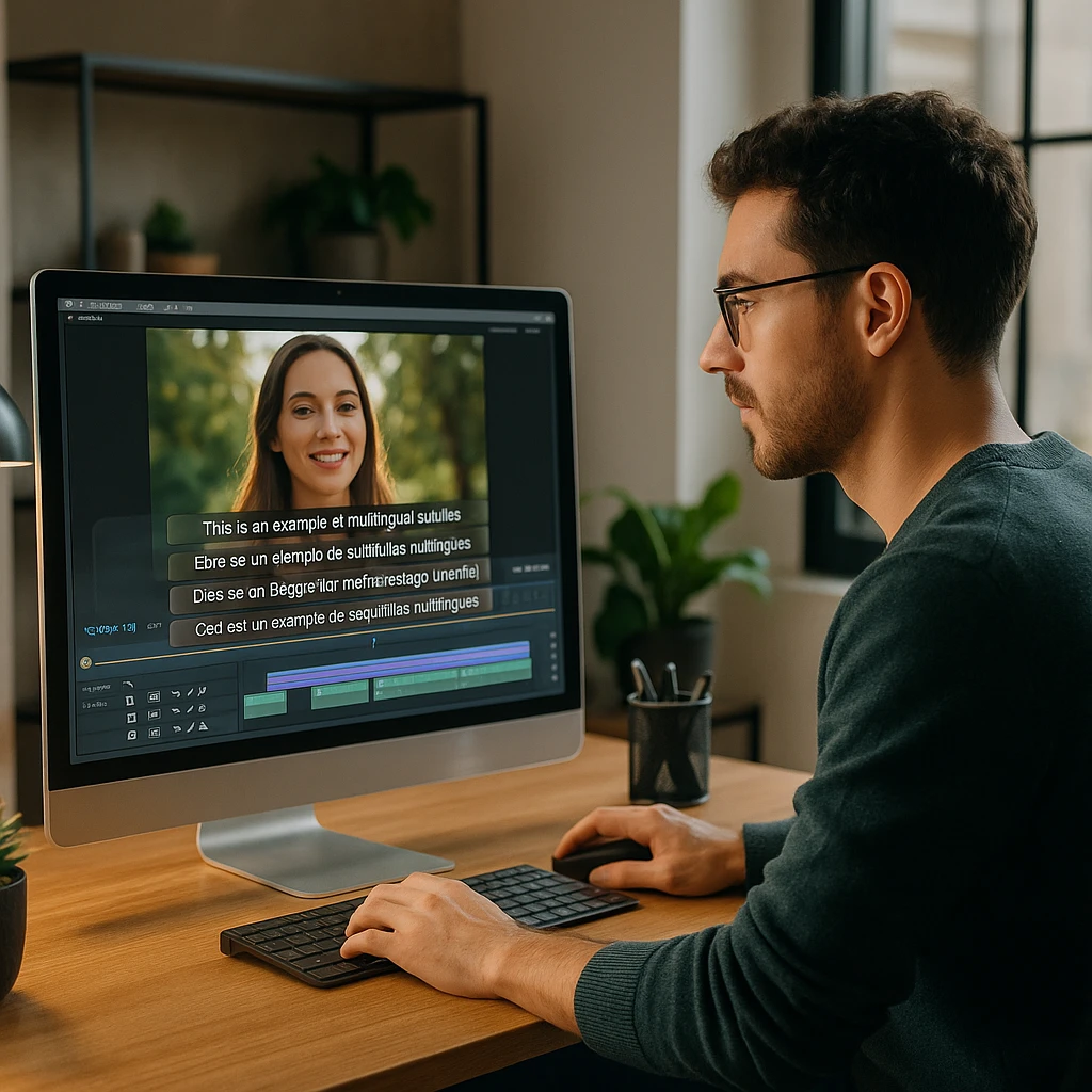 Professional content creator editing video with multilingual subtitles on screen in modern home office setup