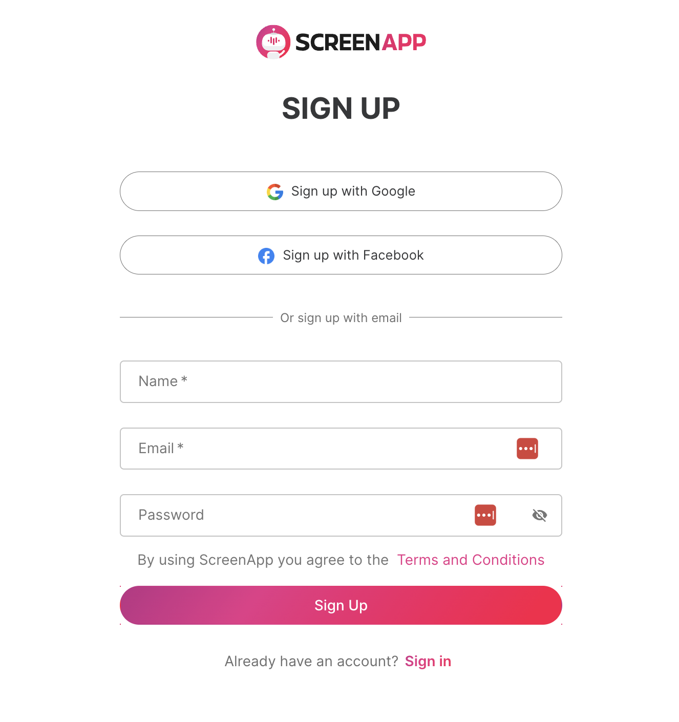ScreenApp Sign Up Process