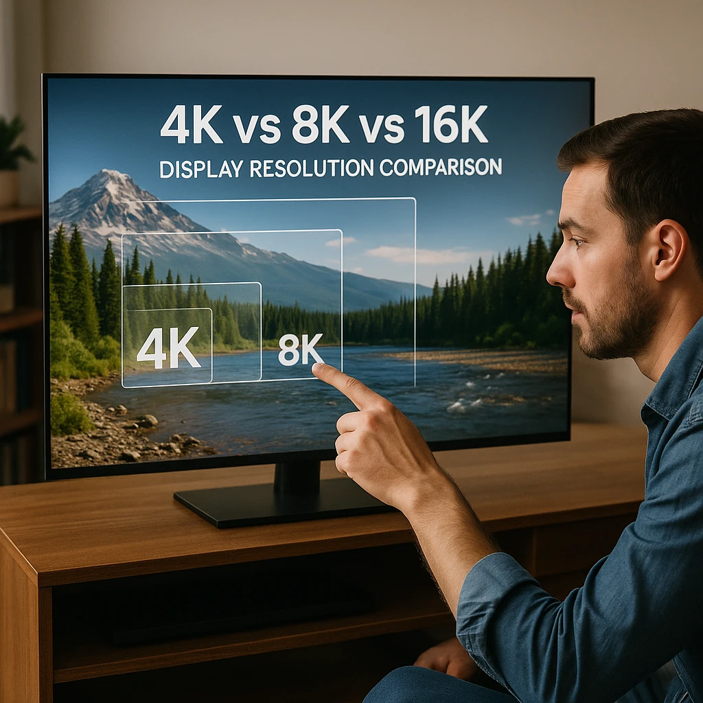 Configuration de jeu avec plusieurs moniteurs affichant une comparaison des performances 4K par rapport à 8K