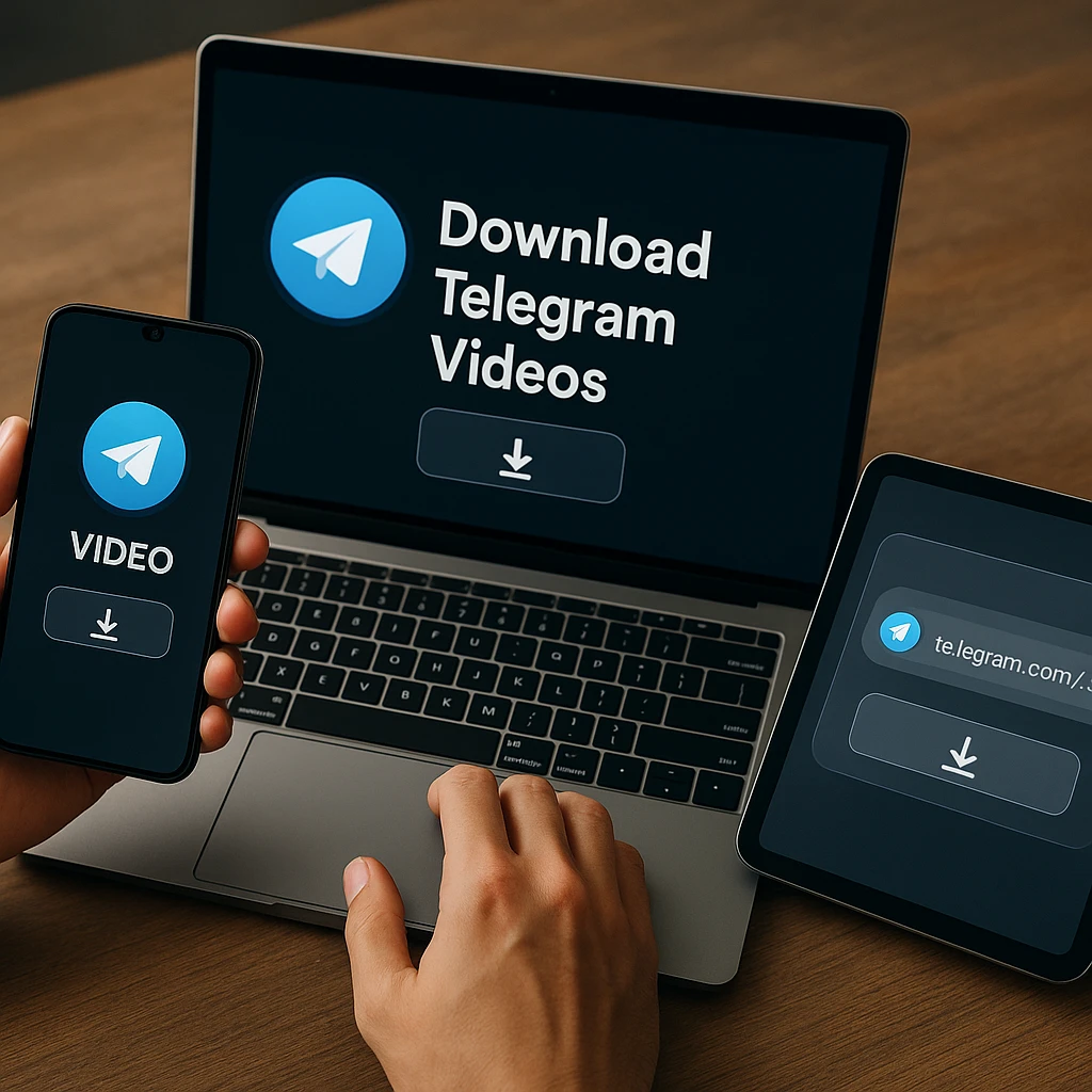 A person using multiple devices to download Telegram videos, showing different methods on smartphone, laptop, and tablet with modern glassmorphic interface elements