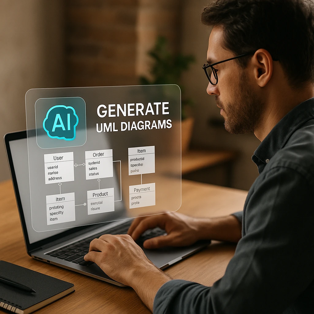 Ingénieur logiciel travaillant avec des diagrammes de séquence UML et des diagrammes de classes sur un écran d’ordinateur