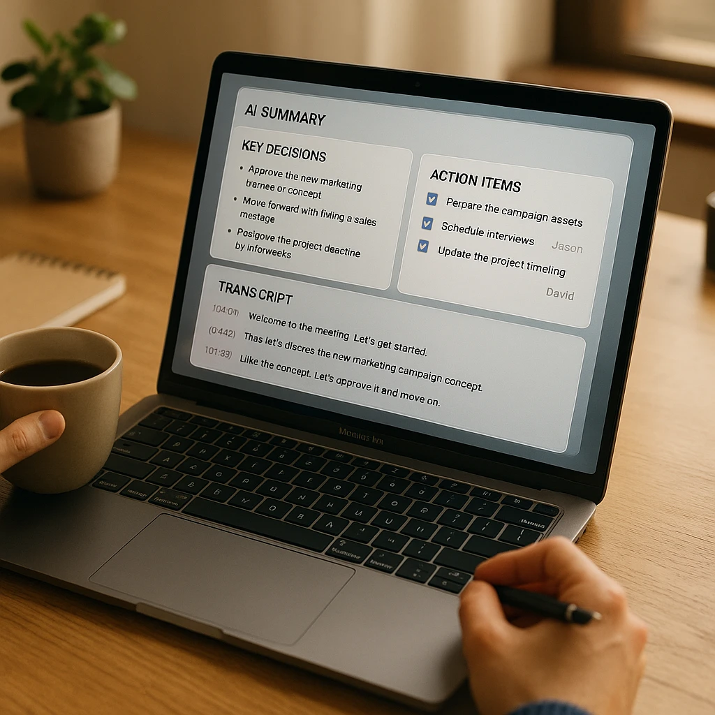 Ordinateur portable affichant un résumé de réunion généré par l'IA avec les décisions clés, une liste de contrôle des éléments d'action et une transcription consultable après un appel