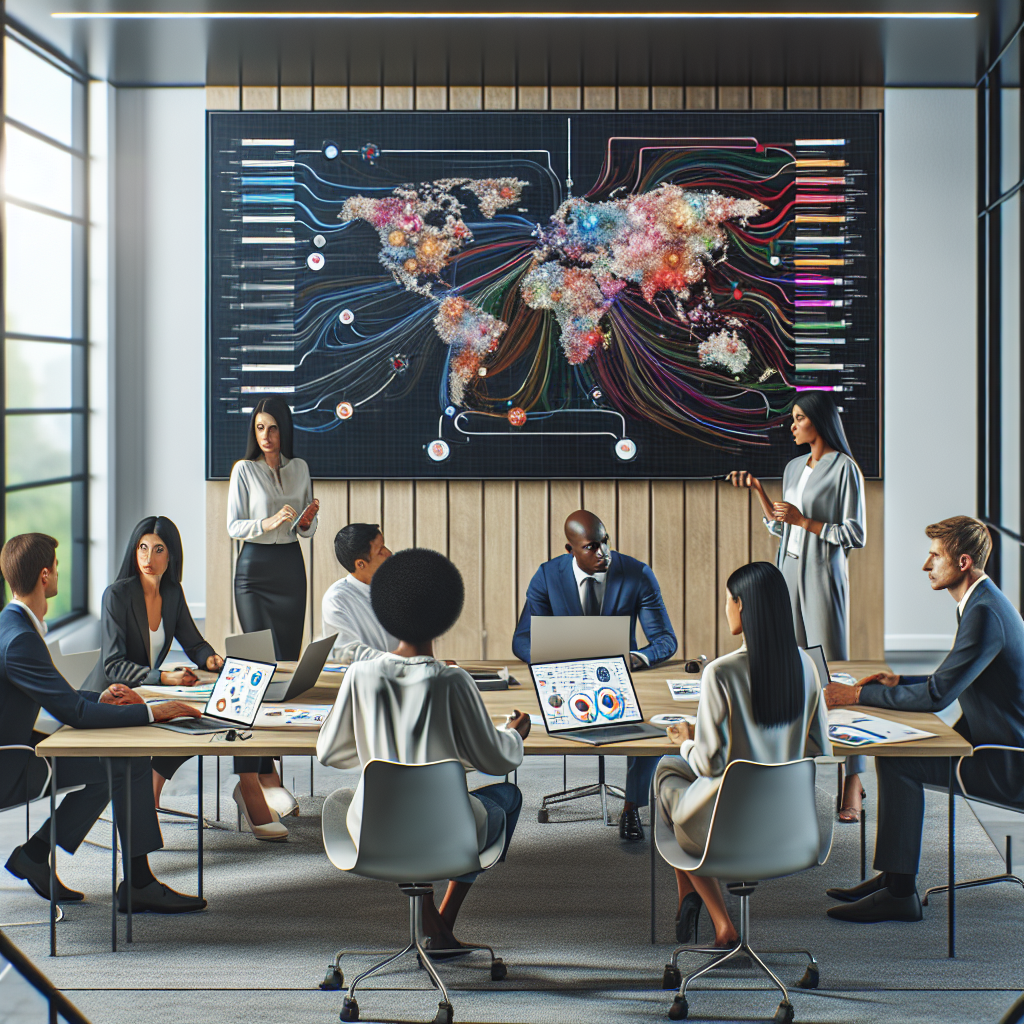 Équipe de professionnels collaborant sur des mind maps d'entreprise à l'aide d'outils d'IA dans un environnement de bureau moderne