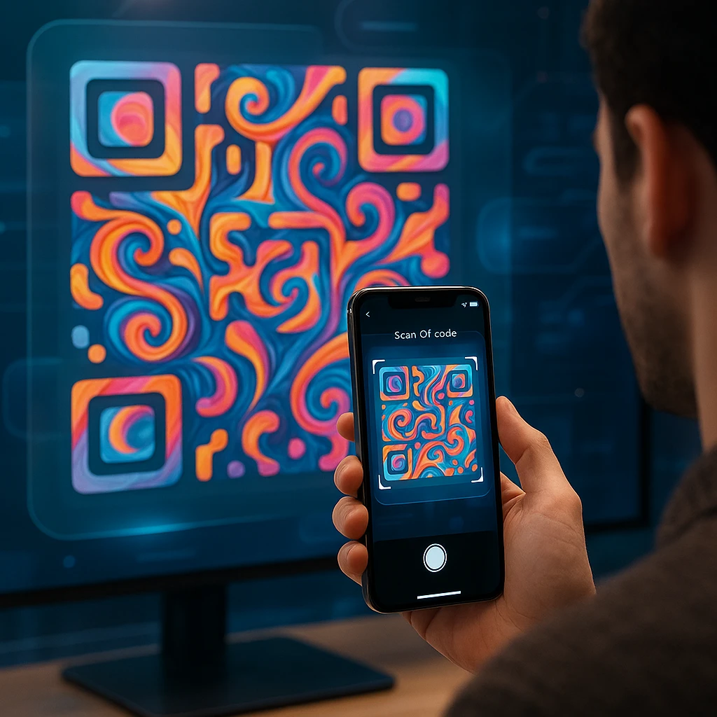 Person using smartphone to scan artistic AI-generated QR code with colorful design