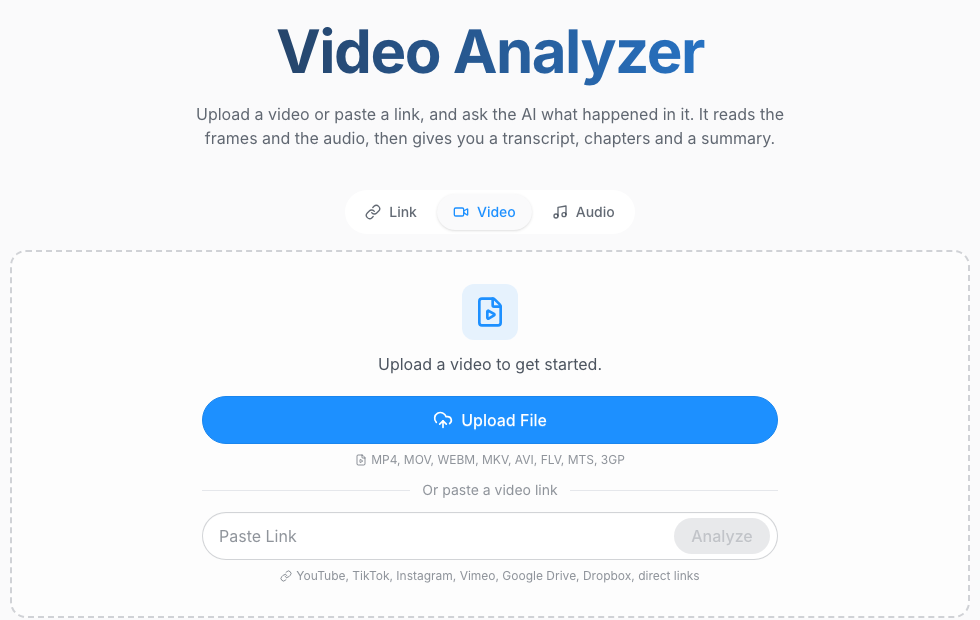 ScreenApp Video Analyzer input screen with Video selected, an Upload File button and a field for a video link