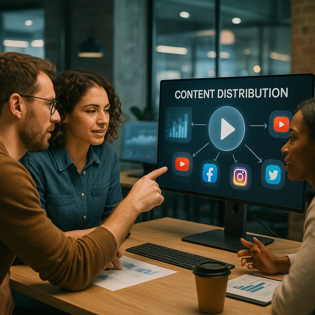Marketing team analyzing content distribution dashboard showing multi-platform reach