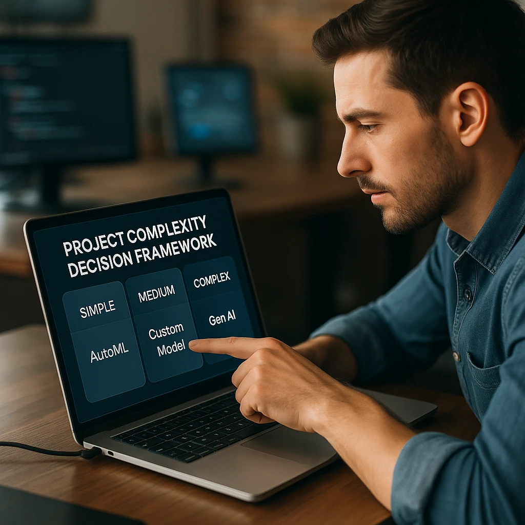 Project complexity assessment chart showing AI platform recommendations for simple, medium, and complex application development needs