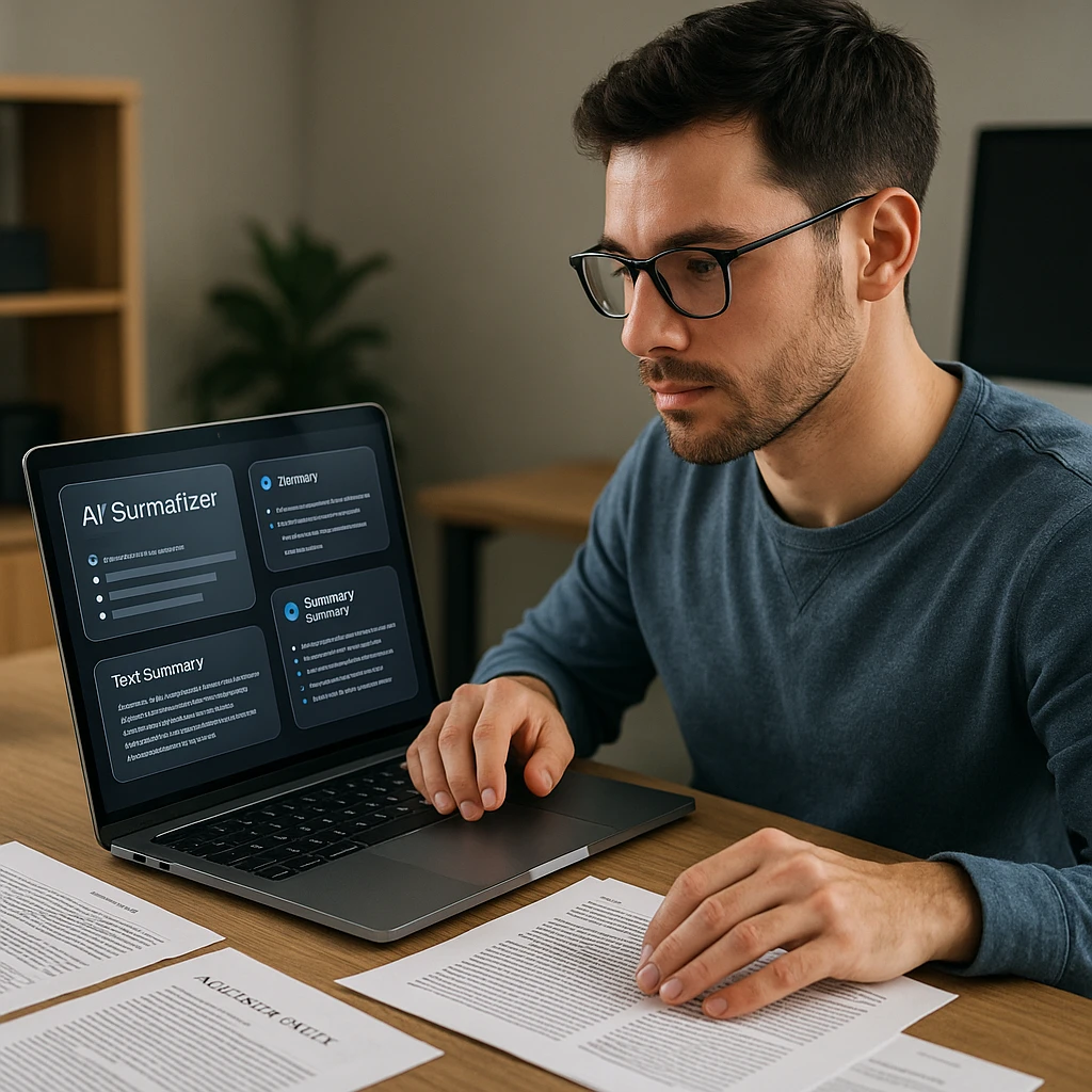 Modern professional using multiple AI summarization tools on laptop with documents and research papers