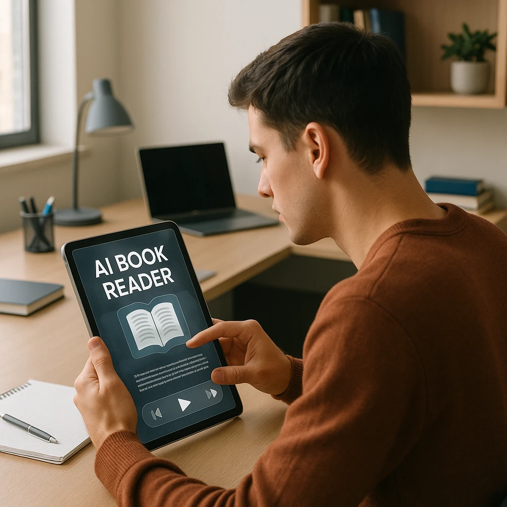 étudiant utilisant un lecteur de livre IA sur une tablette