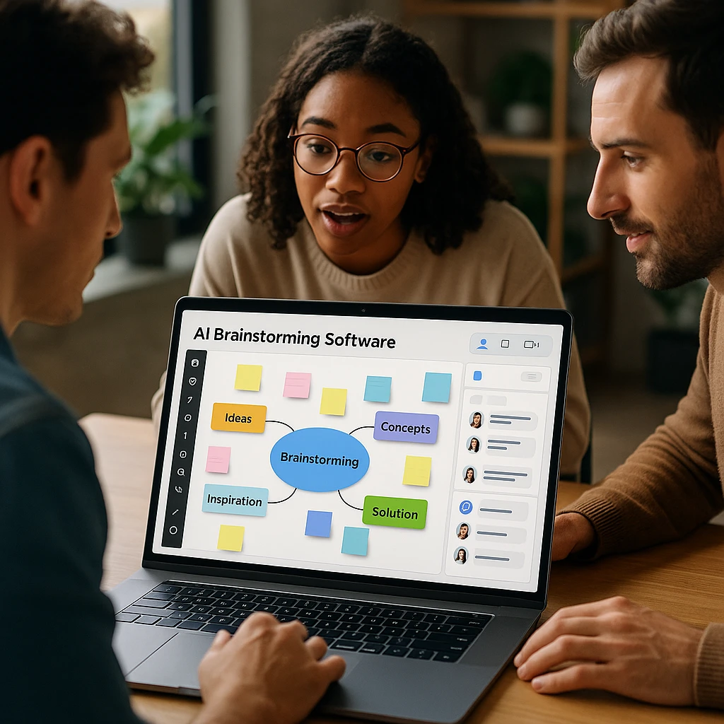 Interface moderne d'un logiciel de brainstorming basé sur l'IA avec tableau blanc collaboratif, outils de mind mapping et fonctionnalités de collaboration d'équipe en temps réel