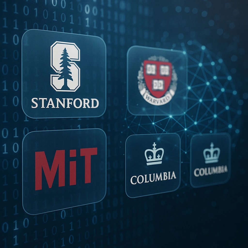 Un collage numérique de logos d'universités comme Stanford et Harvard, mélangé à du code binaire et des graphiques de réseaux neuronaux, représentant la crédibilité des instructeurs et la qualité des cours.