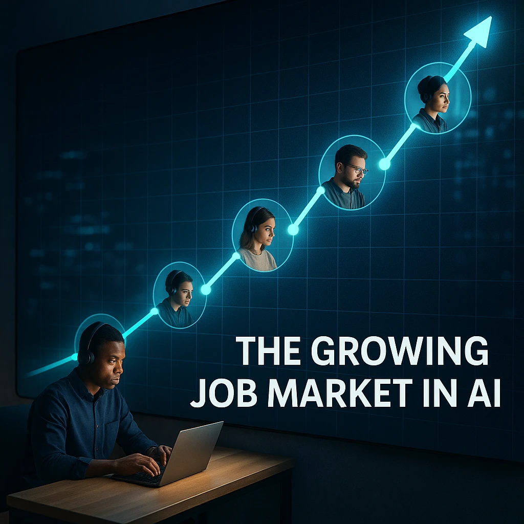 Un graphique boursier à la hausse avec des nœuds lumineux, où chaque nœud est une personne travaillant sur un ordinateur futuriste, symbolisant le marché du travail en croissance dans l'IA.