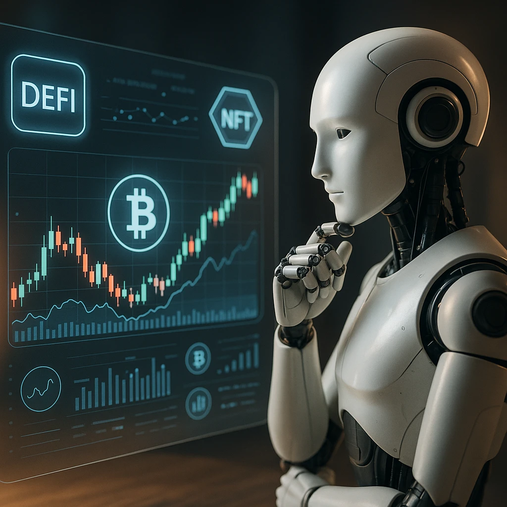 Tableau de bord de trading crypto IA avec des graphiques, des robots et des icônes Bitcoin/Ethereum dans une interface moderne
