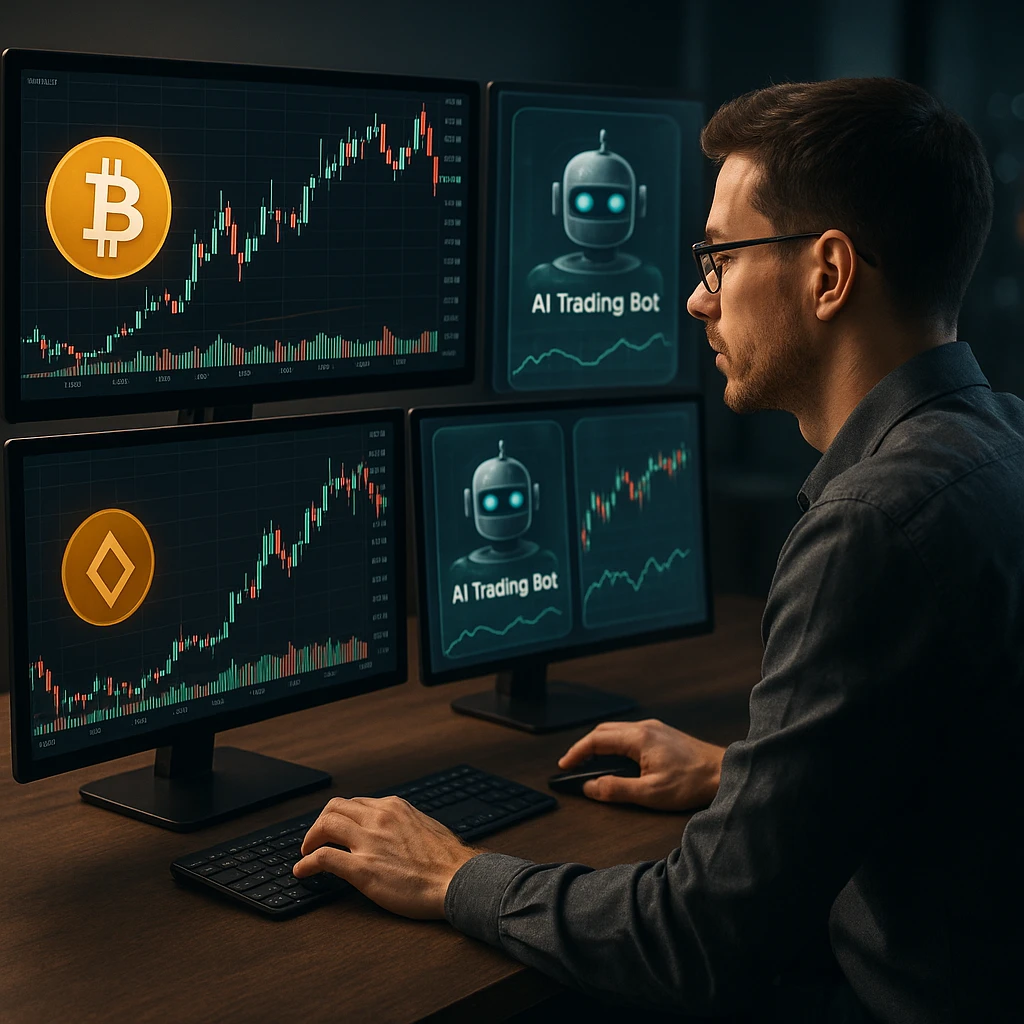 Agent IA robot analysant les données du marché crypto sur un écran futuriste, avec des icônes DeFi et NFT