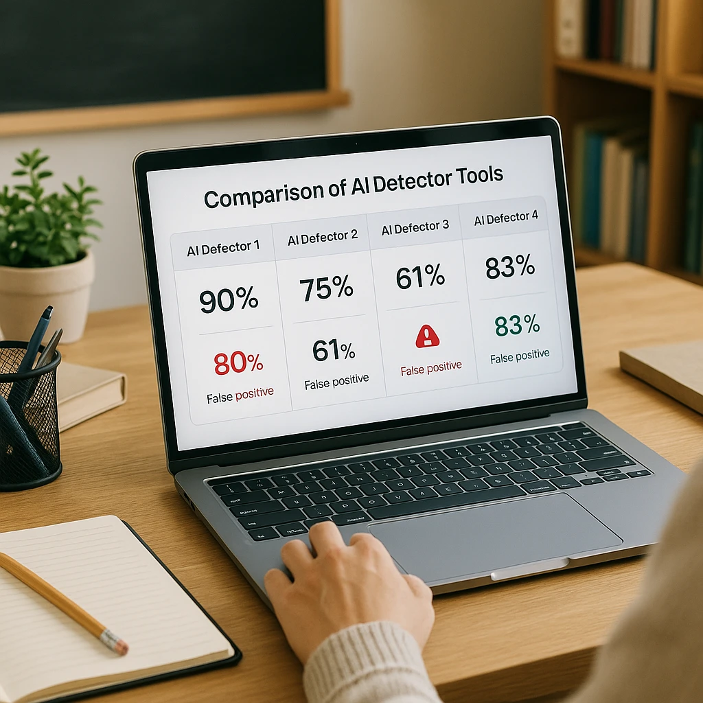 Espace de travail académique propre avec une interface de comparaison de plusieurs outils de détection d'IA affichant les scores de détection et les avertissements de faux positifs pour l'évaluation pédagogique