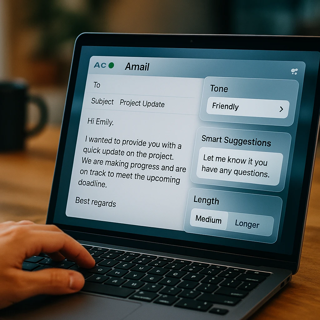 Interface d'écriture d'e-mails IA montrant des outils de composition, un ajustement du ton et des suggestions intelligentes pour la rédaction d'e-mails professionnels