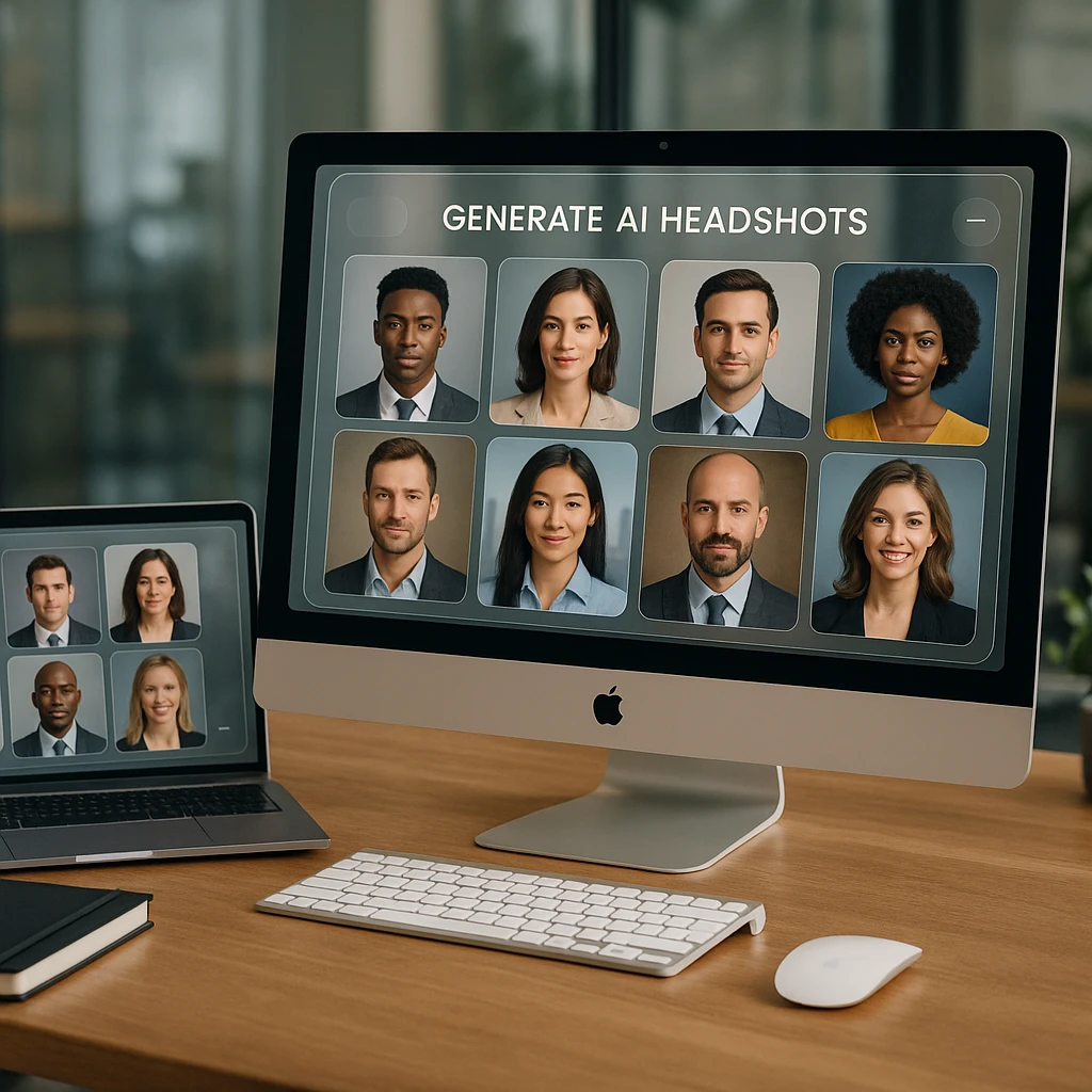 Professional workspace displaying multiple AI headshot generator results on computer screens showing various professional styles and backgrounds