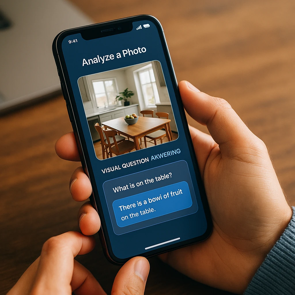 Person using smartphone to analyze a photo with AI visual question answering interface