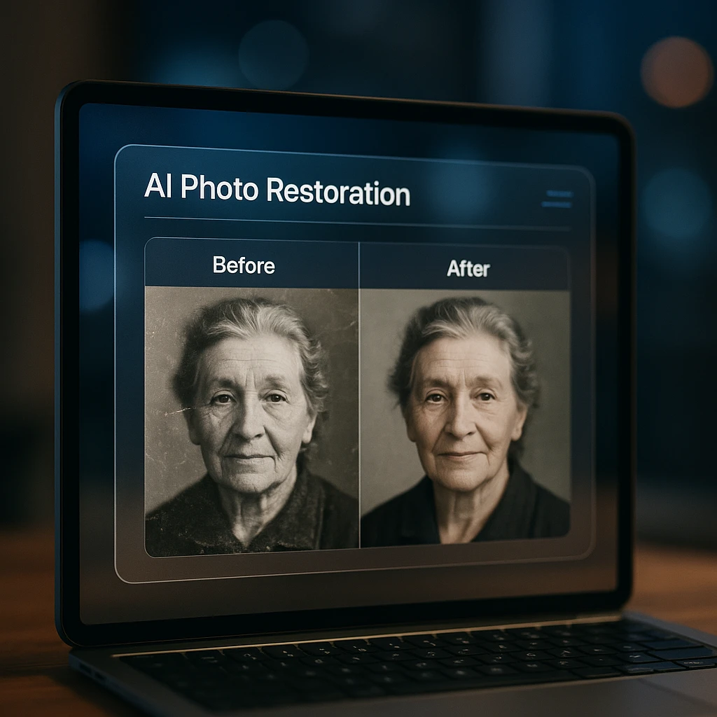 Interface d'IA moderne montrant la restauration de photos avant et après avec des éléments de conception en verre dépoli