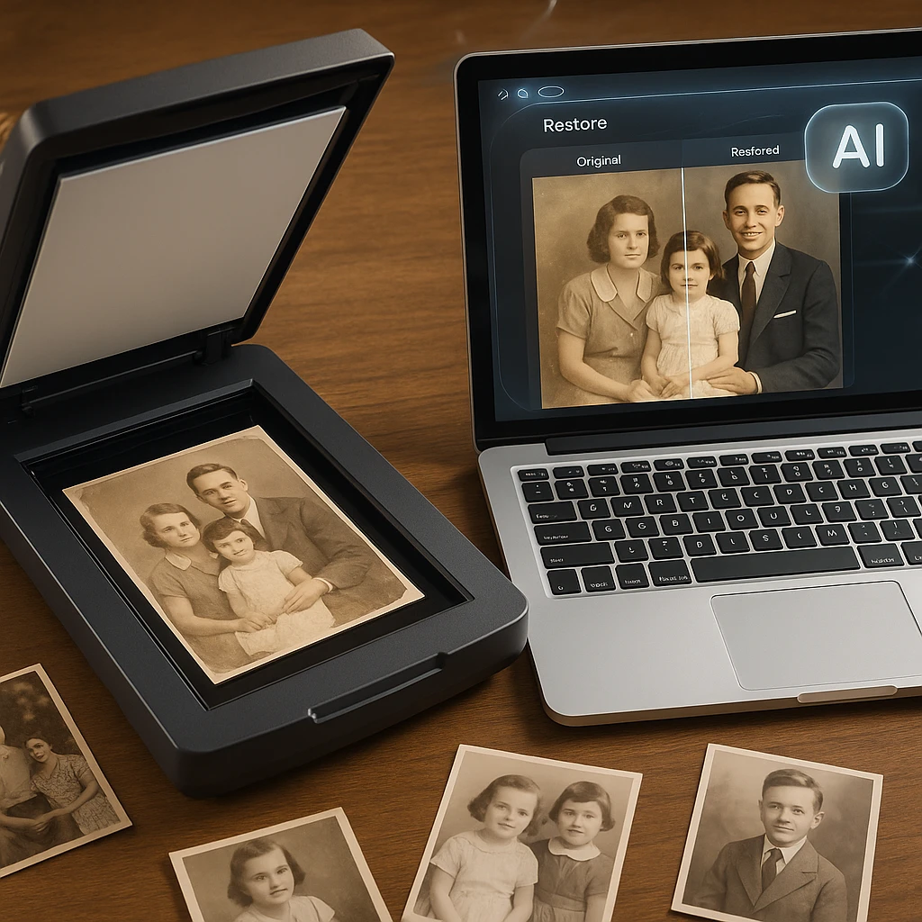 Configuration de numérisation de photos professionnelles avec des photos de famille vintage et une interface logicielle de restauration par IA moderne
