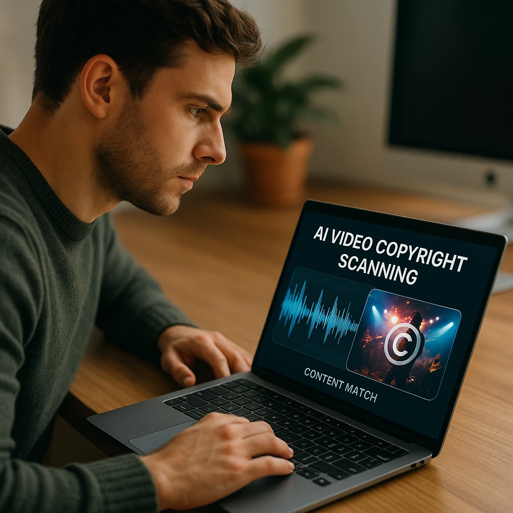 AI video copyright scanning process showing waveform analysis and content matching