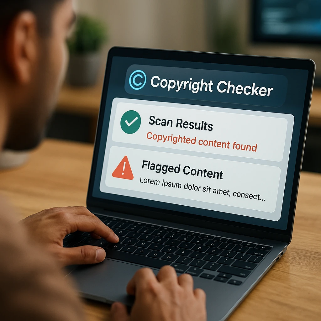 Modern copyright checker interface displaying scan results and flagged content
