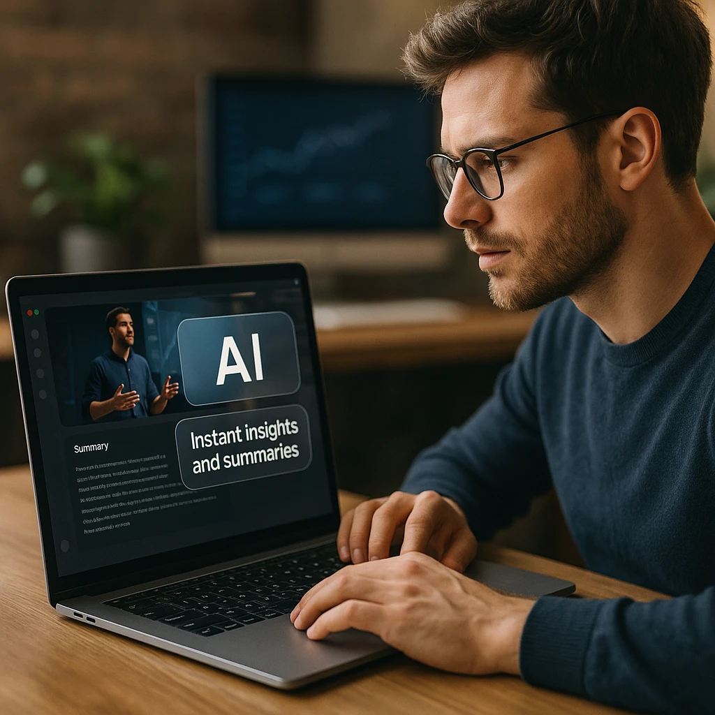 Professional workflow showing AI summarizing long videos into instant insights and summaries