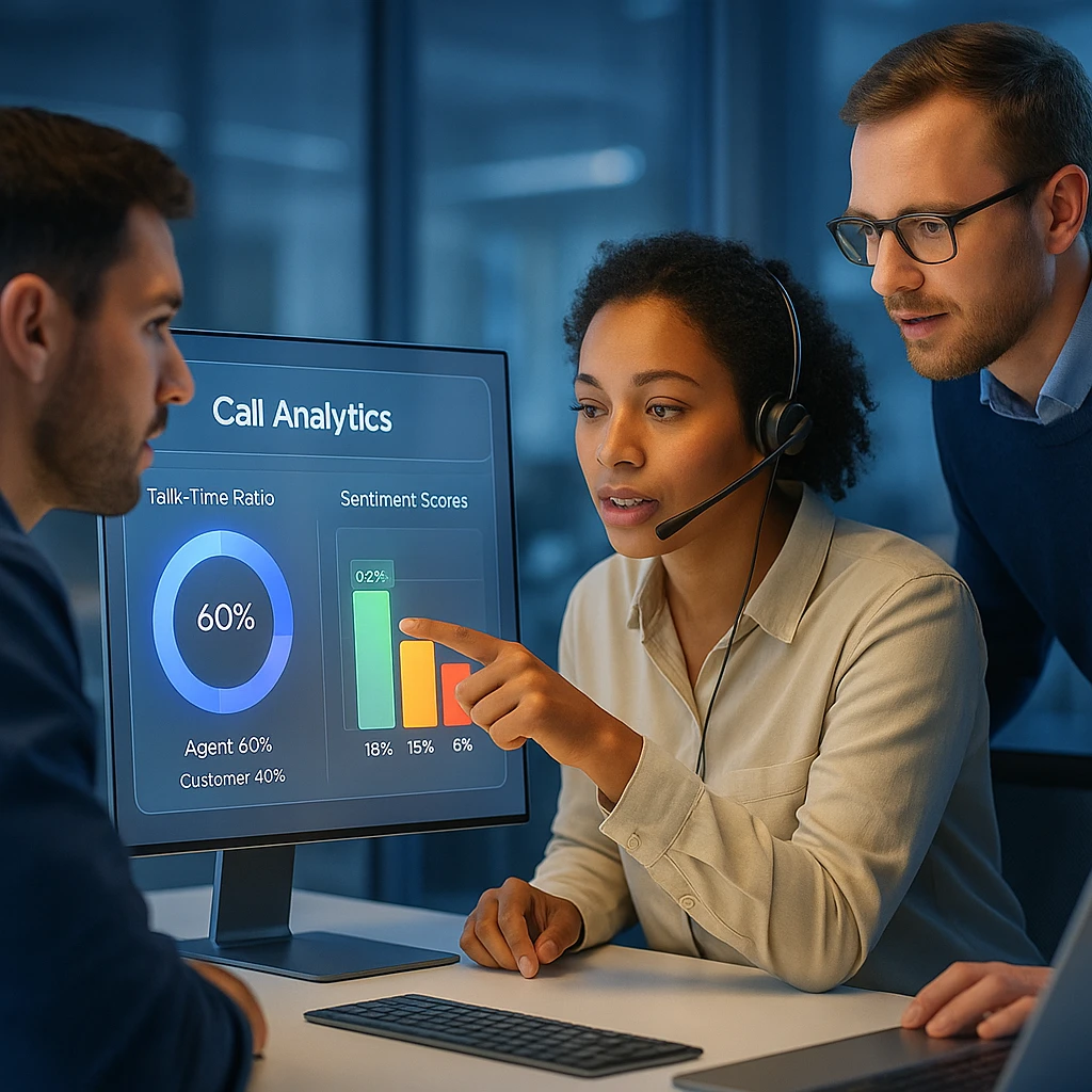 A sales team reviewing a call analytics dashboard showing talk-time ratios and sentiment scores