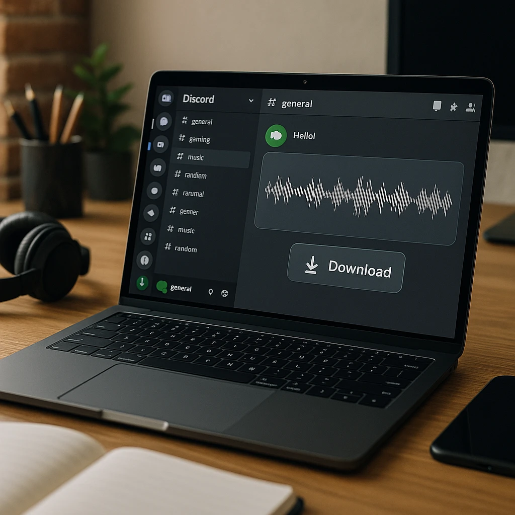 Personne utilisant le chat vocal Discord avec un microphone professionnel et une configuration d’enregistrement audio