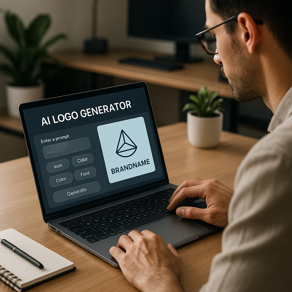 Interface de générateur de logo IA moderne et glassmorphique avec des logos dynamiques et un espace de travail propre