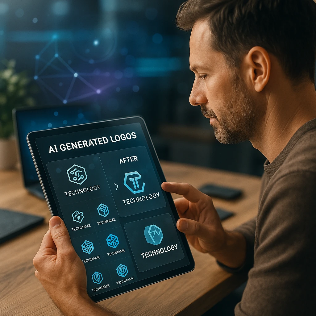 Espace de travail photoréaliste avec des résultats de générateur de logo IA, une interface utilisateur glassmorphique et des aperçus de logo dynamiques