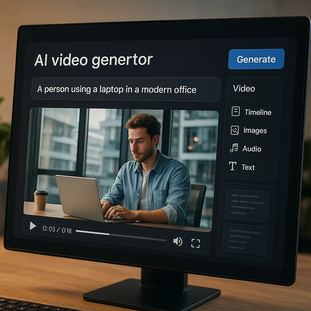 Modern AI video generator interface with video timeline and preview window