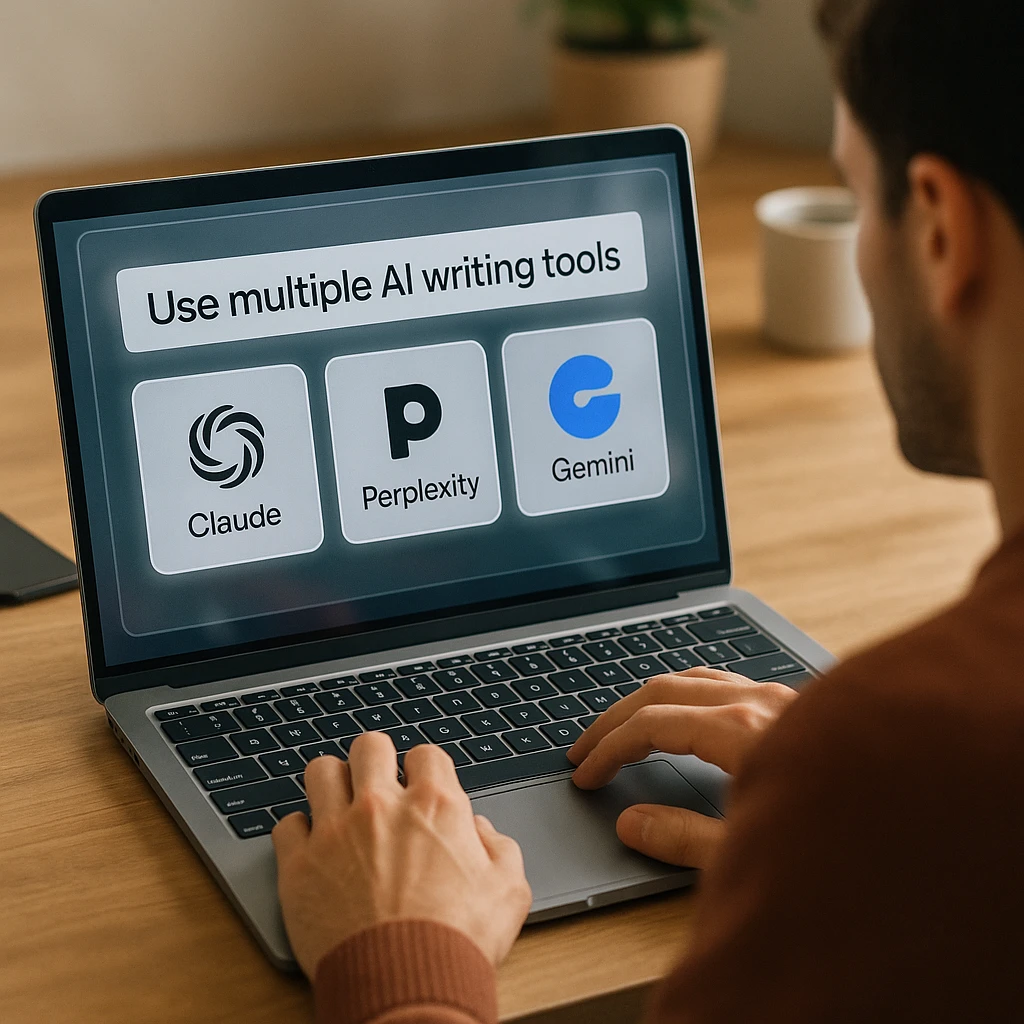 Personne utilisant plusieurs outils d'écriture d'IA sur l'écran d'un ordinateur portable