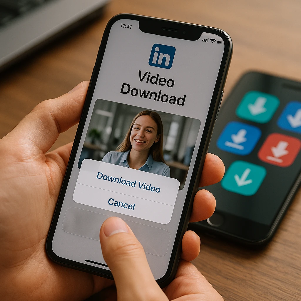 Écran de téléphone mobile affichant l'application LinkedIn avec des options de téléchargement de vidéos et diverses applications de téléchargement affichées sur un smartphone