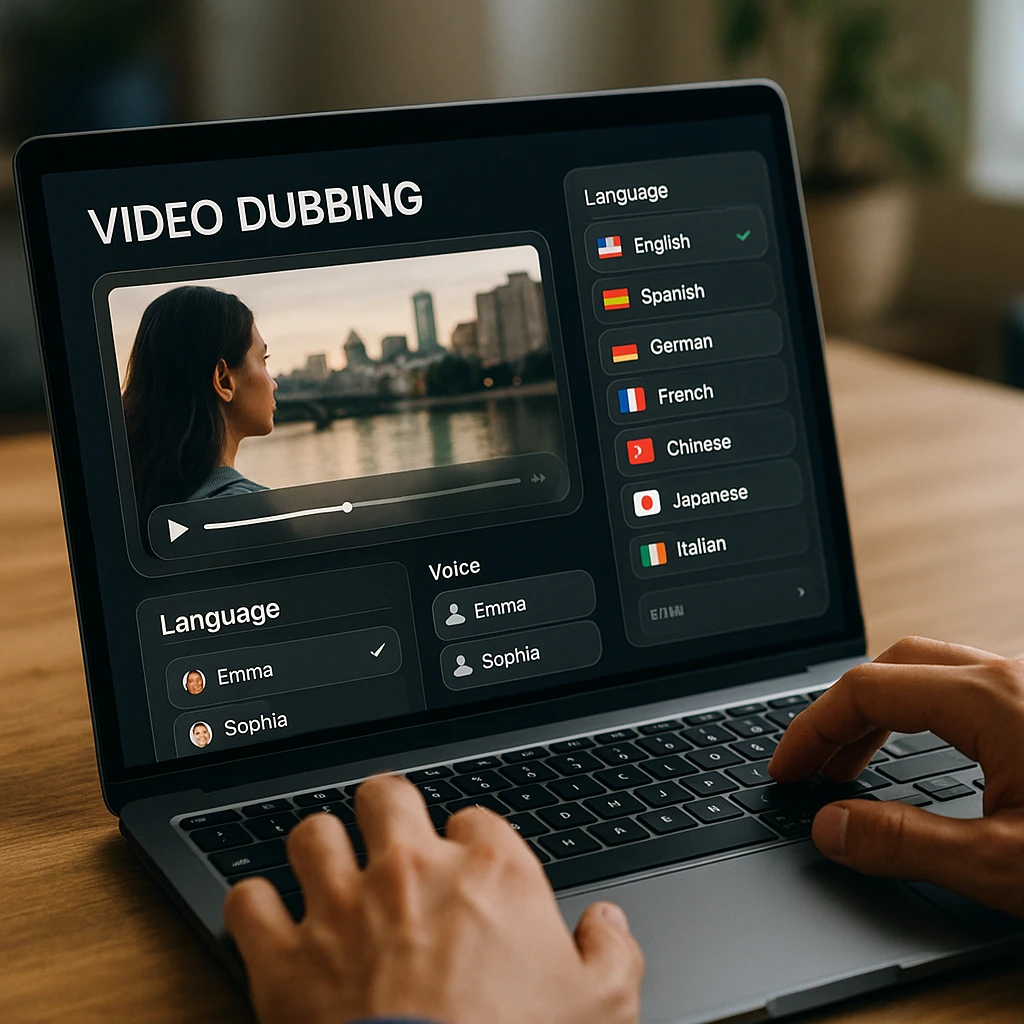 Interface de doublage vidéo montrant plusieurs options de langue et la sélection de la voix