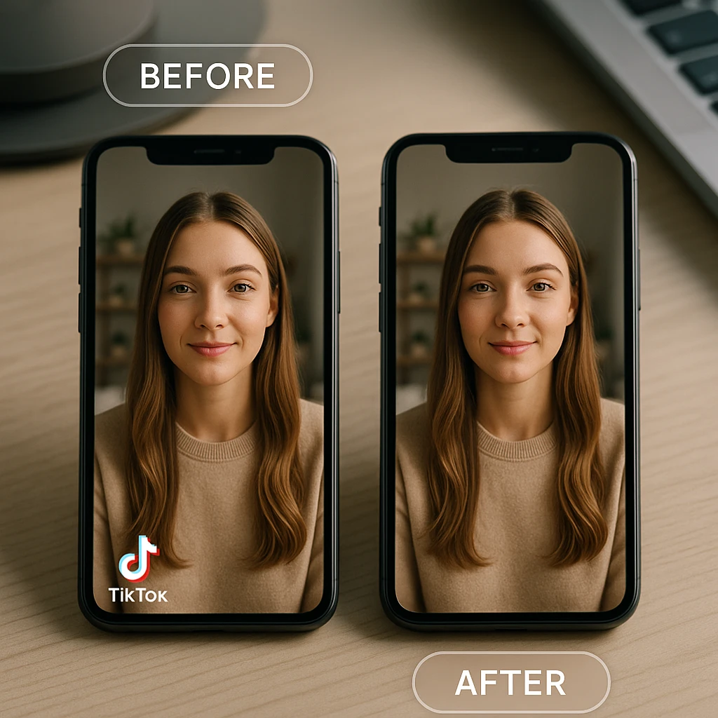 A short vertical video shown side by side, one with a TikTok watermark in the corner and one with the logo cleanly erased