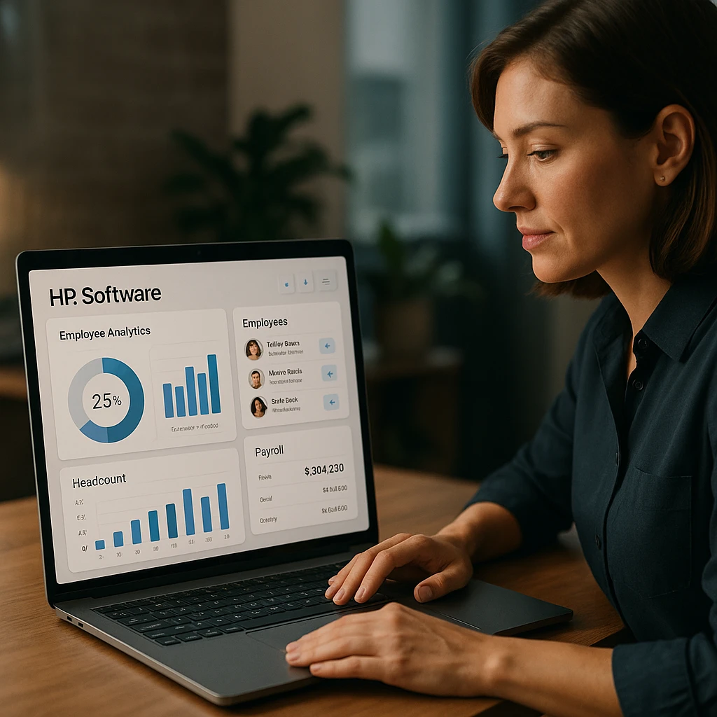 Tableau de bord d'un logiciel de RH moderne affichant des analyses d'employés et des données de paie