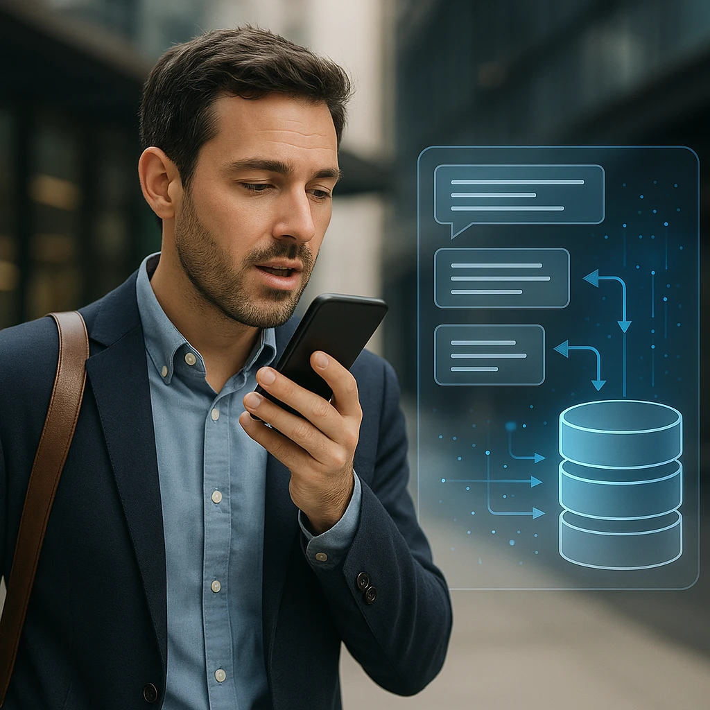 Un professionnel utilise l'une des meilleures applications de prise de notes pour Android sur son téléphone pour enregistrer une note vocale, avec une visualisation de l'IA.