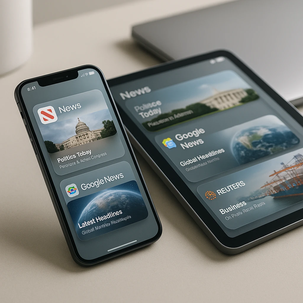 Smartphone et tablette modernes affichant plusieurs applications d'actualités avec des éléments d'interface propres et glassmorphiques