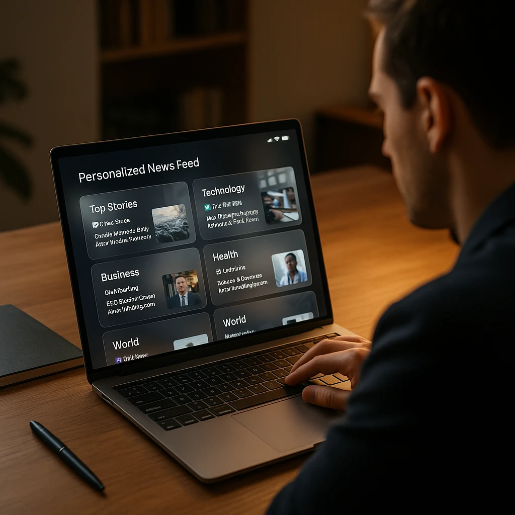 Personne organisant un fil d'actualité personnalisé sur un ordinateur portable avec une interface glassmorphique moderne