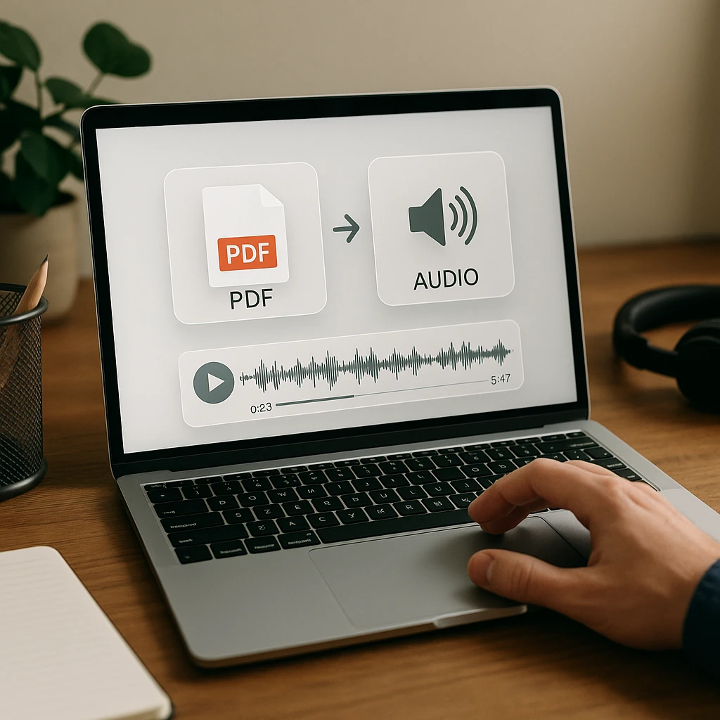 Espace de travail de bureau propre montrant le processus de conversion de documents PDF avec des commandes audio et des éléments d'interface utilisateur glassmorphiques modernes