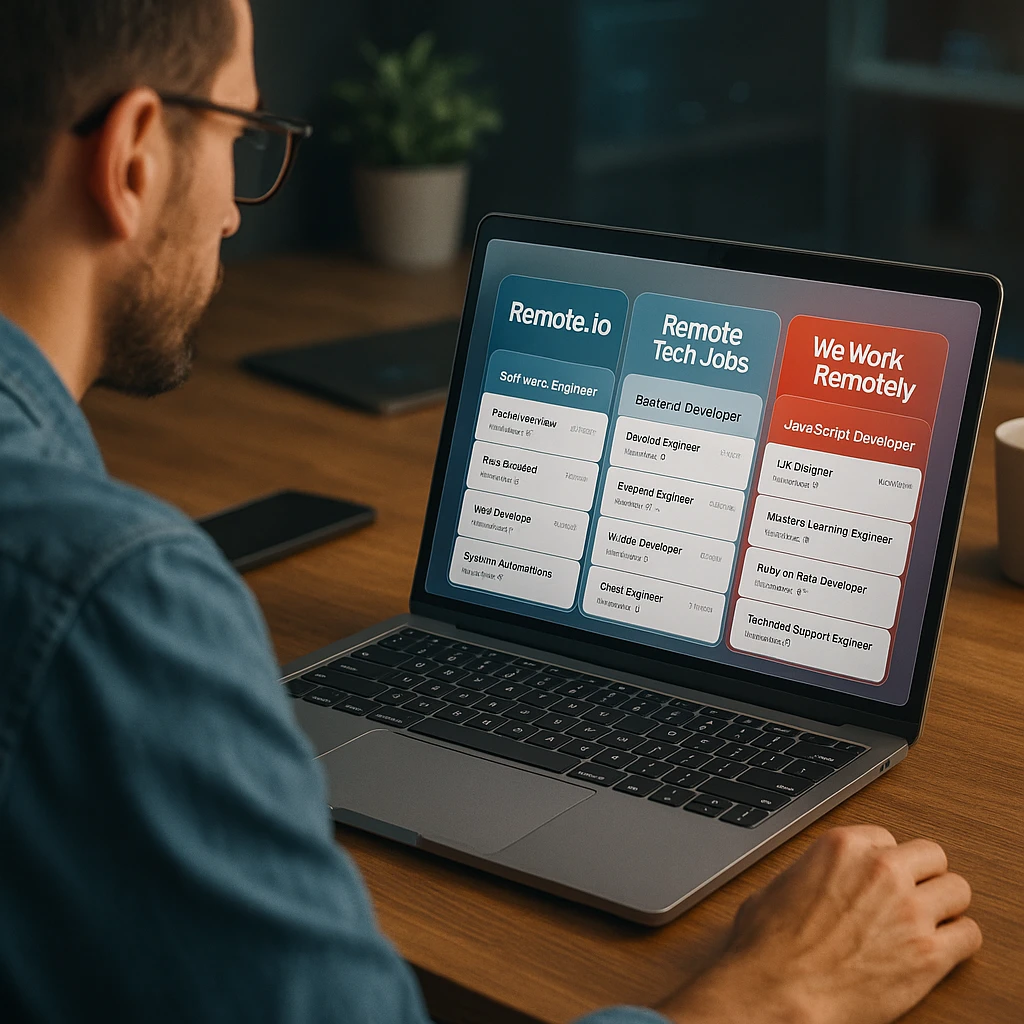 Chercheur d'emploi professionnel comparant plusieurs plateformes d'emploi à distance sur l'écran d'un ordinateur portable avec des offres d'emploi visibles