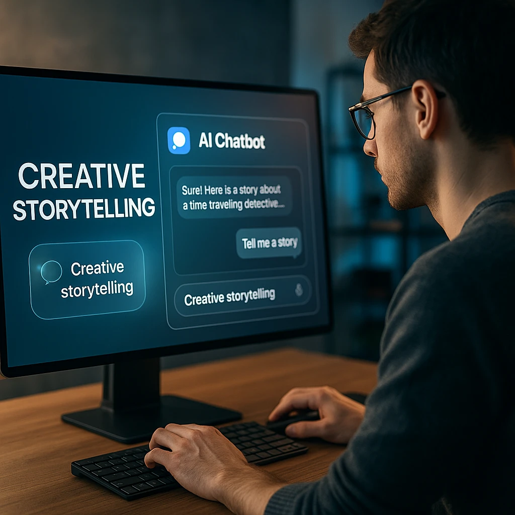 Personne engagée dans une narration créative à l'aide d'une interface de chatbot IA sur un écran d'ordinateur